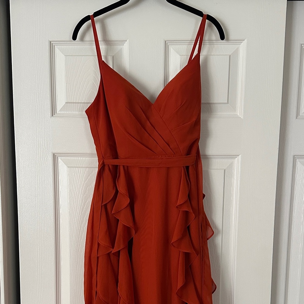 Azazie Rust Red Ruffle Maxi Dress with V-Neck & Spaghetti Straps